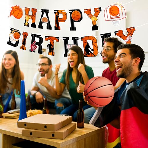 Image of Basketball Happy Birthday Banner Basketball Party Decorations with Slam Dunk Banner Garland Birthday Sign for Kids Boys Teenagers Men Photo Prop Pennant