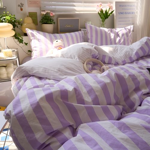 Image of EAVD Retro Purple Striped Duvet Cover Full Soft Washed Microfiber Boho Purple and White Striped Bedding Set with 2 Pillowcases Farmhouse Reversible Geometric Duvet Cover with Zipper Closure