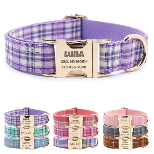 CHRYMPETIC Custom Dog Collar with Name and Phone Numbers - Personalized Laser-Engraved Plaid Polyester Collar with Metal Buckle and D-Ring (Style-P, S (9-13 Inches))