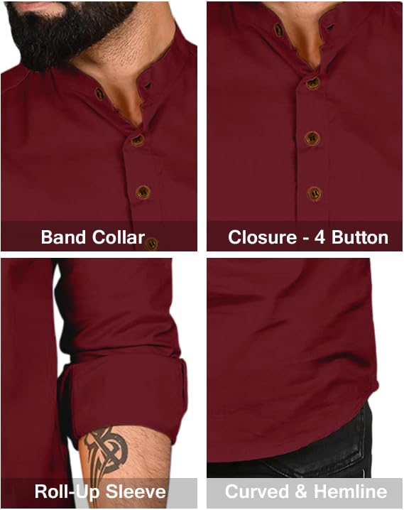 Image of ROYALSCOUT Men Cotton Blend Short Kurta with Mandarin Collar and Button Placket | Full Sleeve Regular Fit Ethnic Wear for Casual and Festive Use