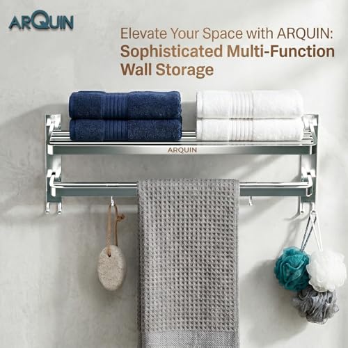 Image of ARQUIN Dual Folding Towel Rack for Bathroom | 304 Grade Stainless Steel Towel Stand for Bathroom | 24 Inch Wall Mounted Dual Folding Towel Holder Shelf | Cloth Hanger for Bathroom Chrome