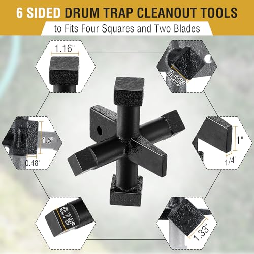 Feekoon 6 Sided Cleanout Plug Wrench, Plumbing Tools and Plumbing Wrench, Threaded Drum Trap Tools for Both Slotted or Square Countersunk Cleanout Plugs Drum Traps Heavy Duty Iron(Black) by Feekoon - Image 2