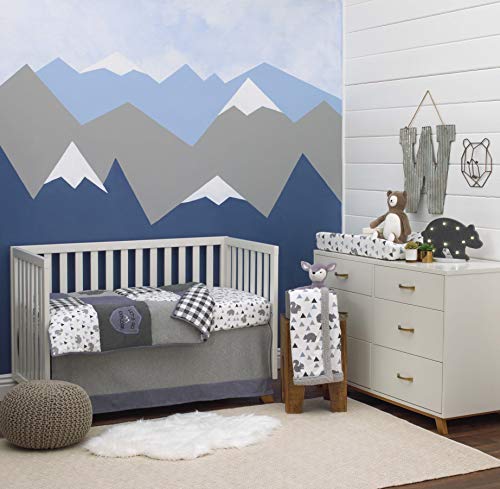 Image of NoJo Mountain Patchwork 100% Cotton Fitted Crib Sheet, Grey /Denim /Slate Blue /White (Pack of 2)