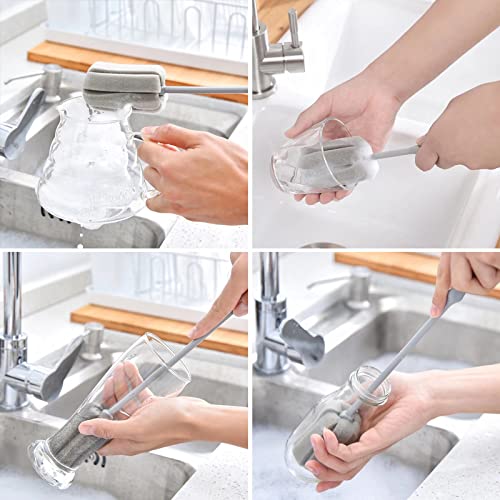 Image of 4 Pack Soft Sponge Bottle Cleaner Brush, Grey Plastic Handle Wine Glass Cup Brush Scrubber, Washing Brush Vase Bottle Pot Cleaning Brush with Traceless Hook, Long and Small Size 10 inch 15 inch