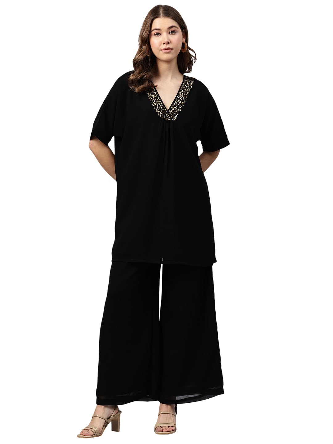 cottinfab Women Solid Embellished V-Neck Top & Palazzo Co-ords-picture-28