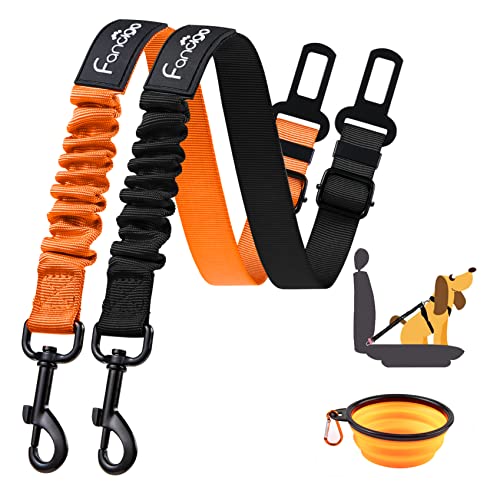 fancigo Dog Seat Belt for Car. 2 Pack Adjustable Dog Safety Seatbelt. Adjustable Strap, Strong Nylon Fabric, Bungee Buffer Dog Puppy Car Seat Belt. (Black+Orange)
