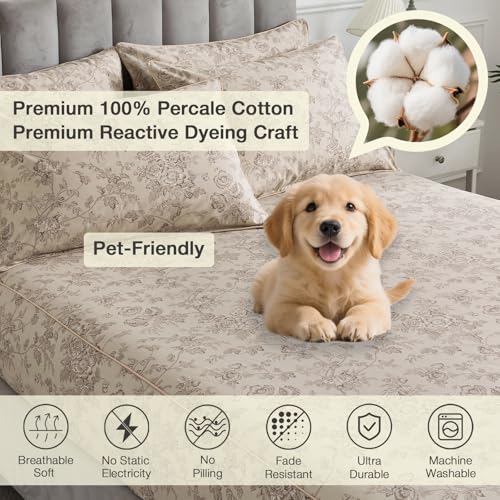 Image of Neutral Floral Beige Percale Sheets, Full Size 100% Cotton Brown Flower French Country Sheet Set, Soft Crisp Deep Pocket Vintage Farmhouse Bed Sheets, Luxury Designer Toile Bedding, 4Pcs