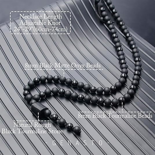 Black Tourmaline Stone Beads Necklace Natural Rough Tourmaline Crystal Pendant Necklaces with Black Onyx Mala Beads Necklace for Healing Prayer and Reiki Energy4