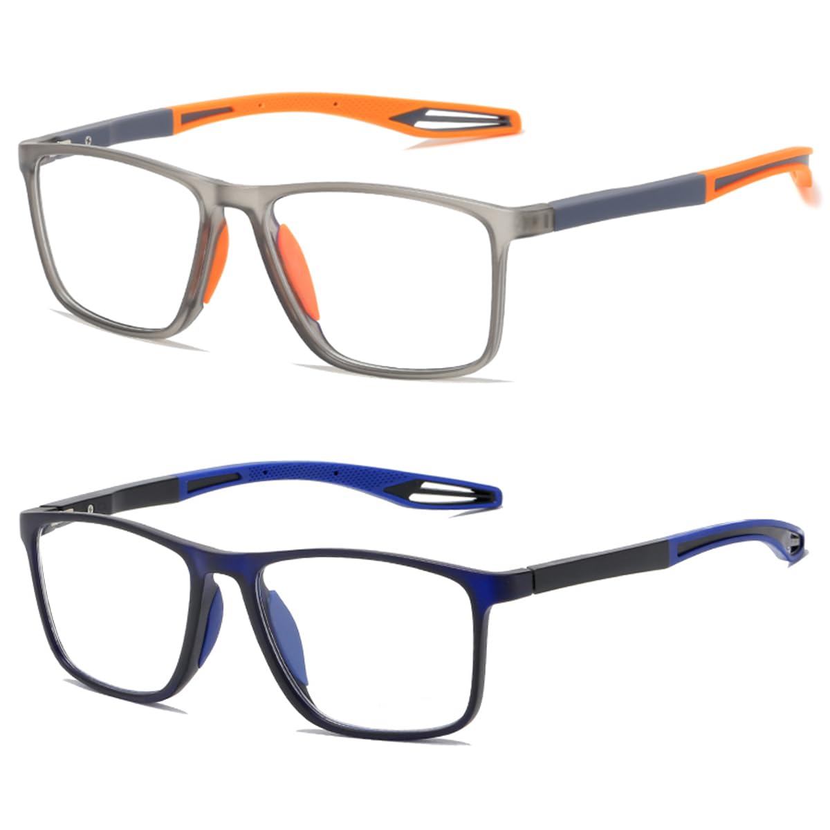 ZUVGEES 2 Pack TR90 Square Sports Reading Glasses for Men and Women(2 works(Gray&Orange+Blue),2.00)
