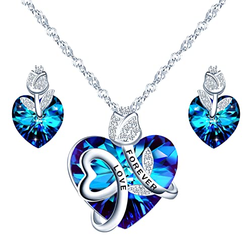 Yumilok Collar de mujer pendientes para novia Pendientes de botón de corazón de rosa S925 Colgante de corazón de plata de ley Temperamento de moda de cristal azul Cover