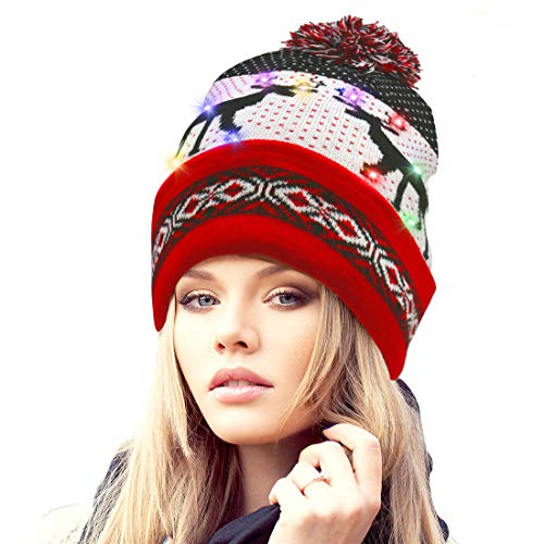 Adofect 10 LED Light Up Christmas Beanie Cap with Reindeer Printing, Red
