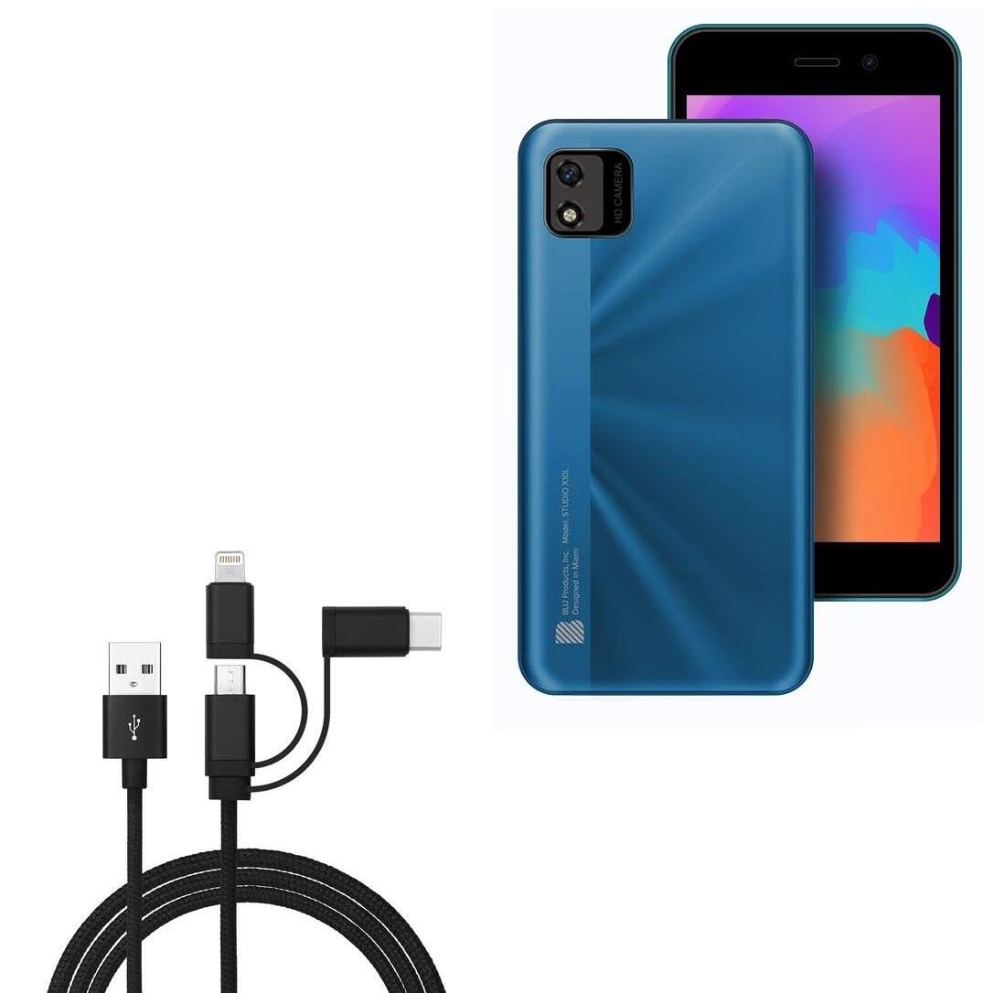 BoxWave Cable Compatible with BLU Studio X10L (2022) - AllCharge 3-in-1 Cable for BLU Studio X10L (2022) - Jet Black