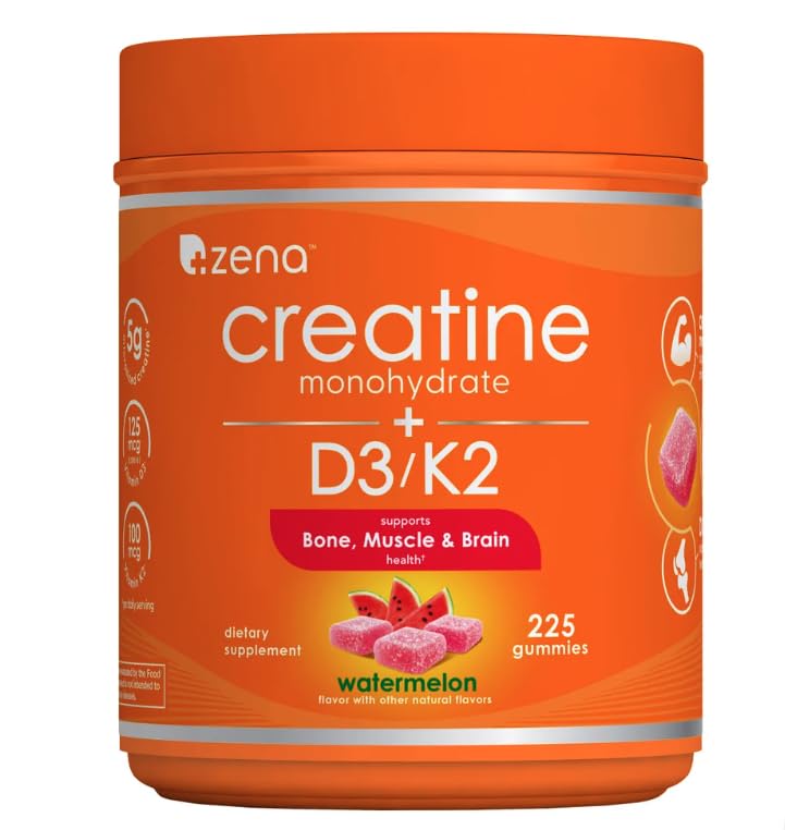 Zena Nutrition Creatine Gummies with D3 & K2 Creatine Monohydrate for Men and Women Supports Bone Muscle & Cognitive Health Gummy Workout Supplement Watermelon Flavor 225ct 45 Daily Servings