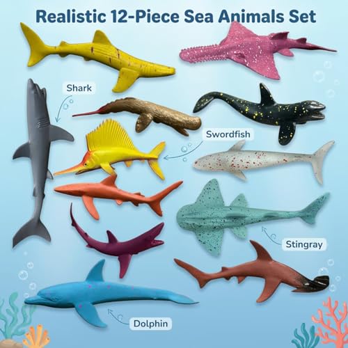 Image of ZESTHOME Aquatic Fish Toys for Kids | Ocean & Sea Animal Toy Set - Jellyfish, Shark, Dolphin, Whales & More - Marine Creatures Action for Boys & Girls | Imaginative Play Birthday Gift | 12-Piece