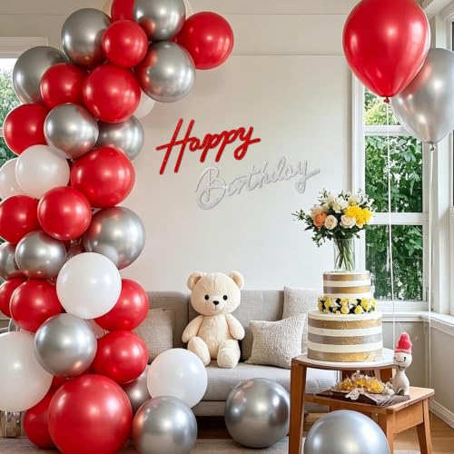 Image of TONIFUL Happy Birthday Sign for Backdrop - Glitter Red Silver Felt Banner - Includes Dot Glue - Perfect for Birthday Party Backdrop,Wall Decr,Balloon Arch,Photo Background