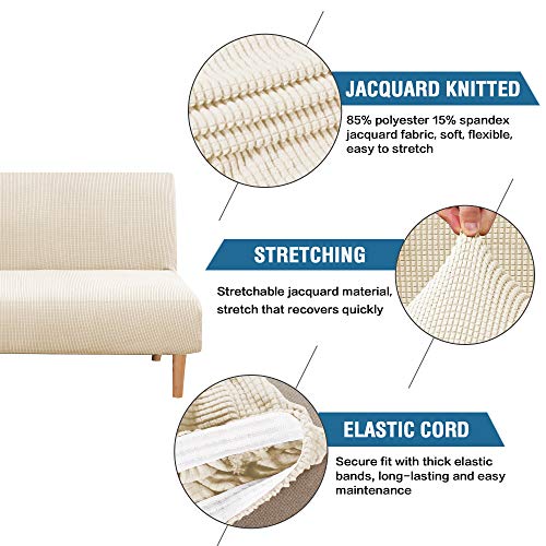 H.versailtex Armless Futon Cover Stretch Sofa Bed Slipcover Protector Elastic Feature Rich Textured High Spandex Small Checks Jacquard Fabric Futon Cover, Machine Washable, Natural #TOP1