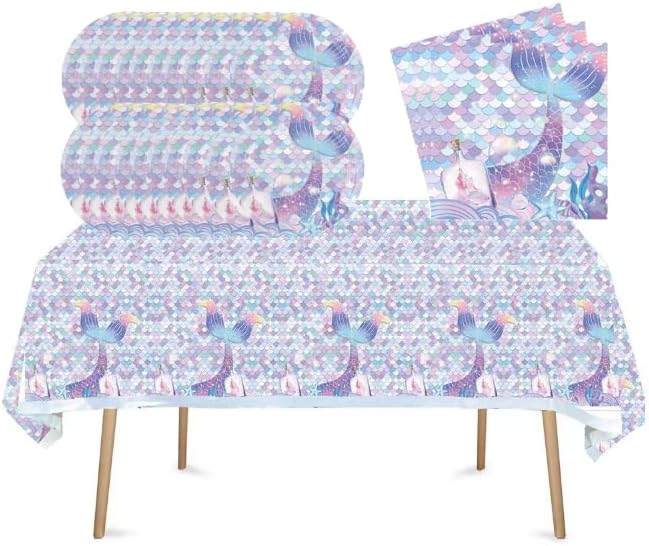 Miniatura 1 de 41 piezas de suministros de fiesta temática de sirena, 20 platos, 20 servilletas y 1 mantel, decoraciones de fiesta de cumpleaños de sirena para