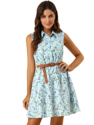 Image of Allegra K Women's Floral Printed Half Placket Above Knee Summer Sleeveless Belted Dress