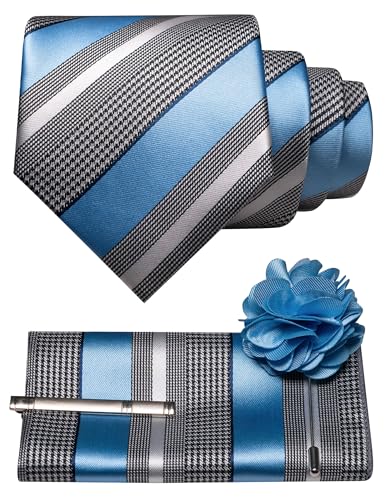Image of JEMYGINS Mens Striped Tie and Lapel Pin Necktie Pocket Square and Tie Clip Sets for Business Casual 4PCS