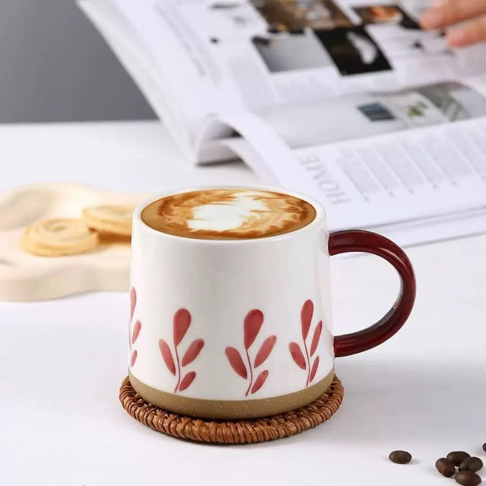 SuperglockT Porzellan Kaffeebecher mit Henkel dickwandige Espressotasse Teetasse 350ml Kaffeetasse Trinkbecher für Zuhause und Büro Mokka Latte Macchiato Tee Milch (Rot-Blätter)
