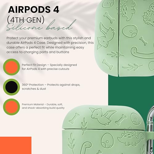 Image of Emoh Roced Case for Airpod 4 with Keychain,Silicone Dinosaur Engraved Cases Compatible with Apple AirPods 4th Generation 2024, Anti-Scratch, Protective Case Cover (Mint Green, for AirPods 4)