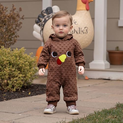 BemeyourBBs Newborn Baby Boy Girl Thanksgiving Outfit Turkey Hooded Romper Jumpsuit One Piece Outfit Infant Fall Clothes2