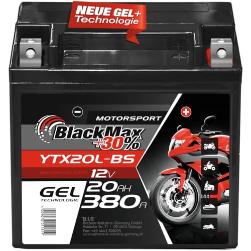 BlackMax Motorradbatterie GEL YTX20L-BS 12V 20Ah