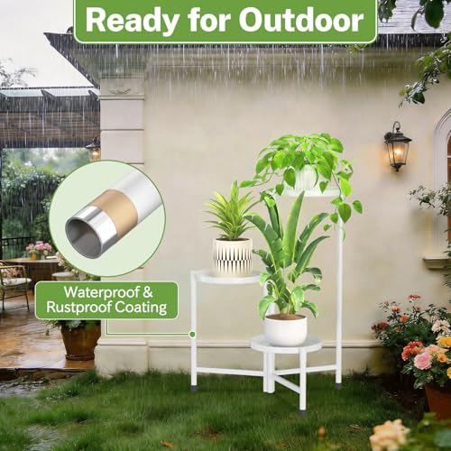 Image of iDavosic.ly 3 Tier Large Plant Stand Indoor, 10 Inch Wide Tall Corner Metal Plant Stands Outdoor for Multiple Plants, Folding Tiered Flower Display Holder Rack Shelf, White