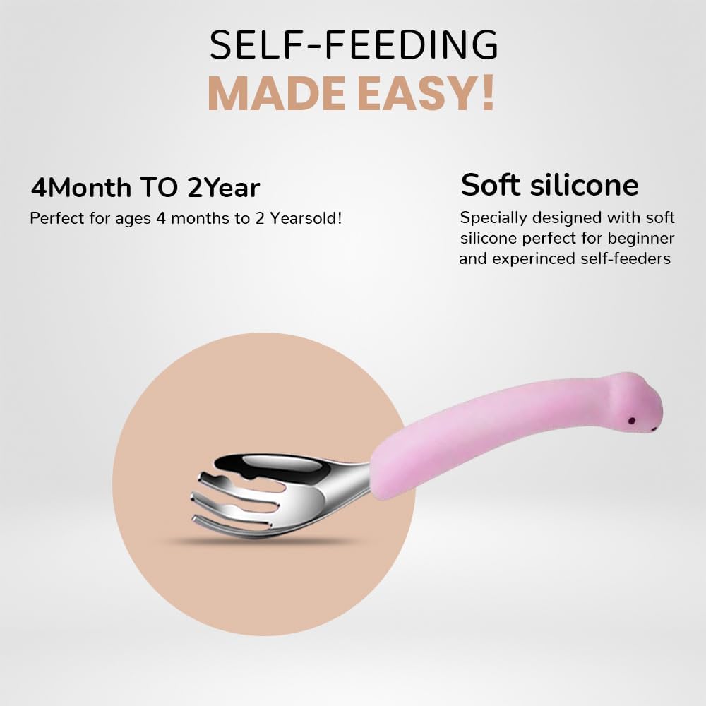 ONE AND ONLY Baby Spoon & Fork Set with Dino Cover | Stainless Steel & Soft Silicone Handle | BPA-Free, Ergonomic Feeding Utensils for 6–12 Months, Toddler Cutlery & Baby Shower Gift (Pink, Pack of 2) - Image 6 thumbnail