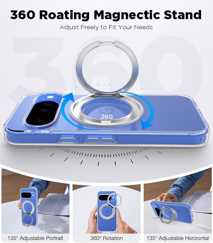 Image of RIGGEAR Shockproof Clear Hybrid Armor 360 Rotating Magnetic Ring Stand Back Cover Case Compatible with MagSafe Accessories for Google Pixel 10 / Pixel 10 Pro (Transparent PC + TPU Bumper)