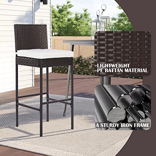 Paylesshere 2 Piece Outdoor Bar Stools 30" Wicker Patio Stools Bar Chairs Height Stools All Weather Patio Furniture With Footrest Khaki Cushion For Outdoor Indoor Pool Lawn Porch Backyard,Brown #TOP3