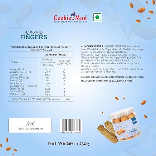 Image of CookieMan Almond Fingers - 250g | Crunchy & Buttery Almond Biscuit Sticks, Baked to Perfection | Delicious Tea-Time Snack, Ideal for Gifting & Anytime Indulgence