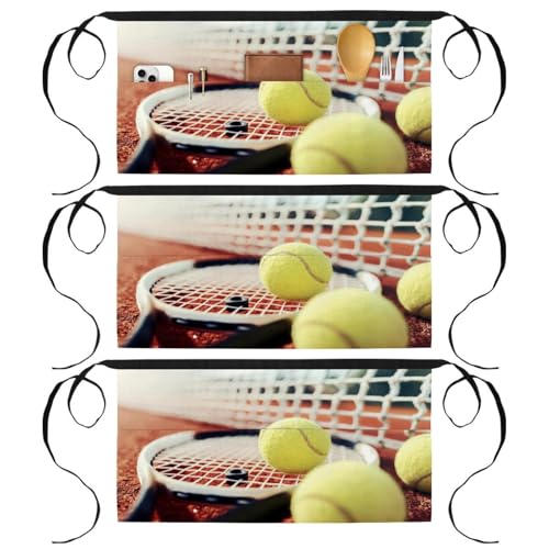 Lot de 3 tabliers courts de chef avec 3 poches motif tennis pour cuisine et bistrot