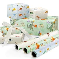 ZICOTO Beautiful Happy Birthday Wrapping Paper Roll Set for Boys - Cute Set of 3 Quality Rolls With Dinosaurs Design - Add a Touch of Magic to Every Kids & Baby Gift You Wrap - 17 x 120 in