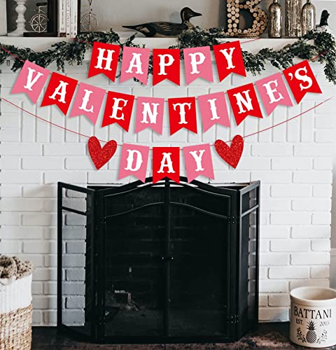 Image of FestikoHappy Valentine's Day Banner Red Pink Valentine's Day Bunting Banner with Glitter Heart Signs Valentines Day Paper Banner for Home Wall Valentines Party Decorations Supplies