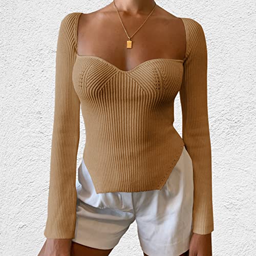 Image of Women's Square Neck Ribbed Knitted Sweater Long Sleeve Crop Slim Fitted Basic Pullover Tops