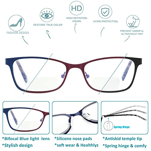 Sunamoy Bifocal Reading Glasses Women Cateye Blue Light Blocking Reader Stylish Clear Upper Computer Designer Small Frame Cute Ladies Cheater Red Eyeglasses Fashion Lined Metal Farsighted Eyewear 1.75 #TOP2