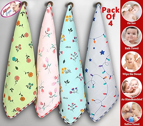 Image of MOM CARE Cotton Face Towels for Babies Extra Soft /Quick Dry /Strong Water Absorbent /Napkins Towel for Kids, Boys and Girls Pack of 4 Multi Color 25x25 cm