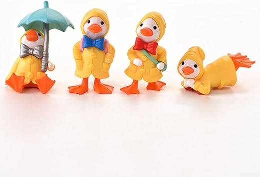 Miniature Cartoon Duck Figurines Set of 4 Resin Umbrella Raincoat Ornaments for Garden Yard DecorYellow