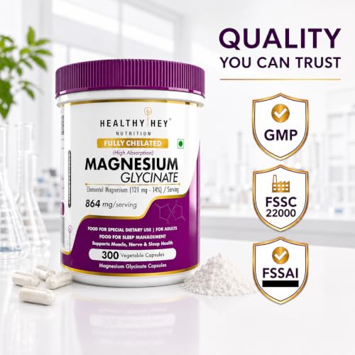 Image of HealthyHey Nutrition Magnesium Glycinate 14% Fully Chelated Supplement High Absorption for Sleep, Cramps, & Nerves Health - 300 Vegetable Capsules