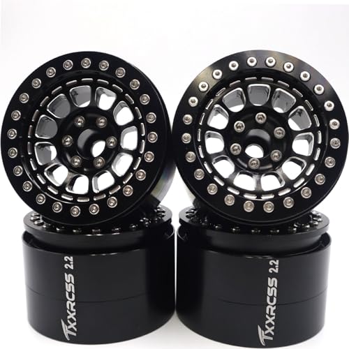 Txxrcss RC 2.2 Aluminum Alloy Beadlock Wheels and Tires Upgrades Accessories Rims for 1/10 SCX10 TRX4RC4WD and D90 RC Crawler Axial Remote Control Car (4pc) (Black)