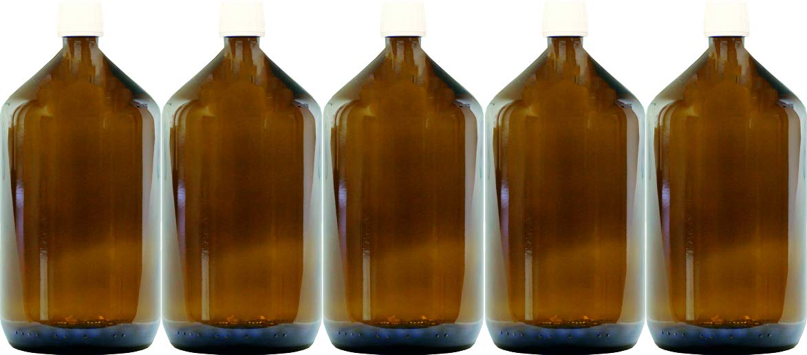NaturGut Lot de 5 Bouteilles de Pharmacie en Verre Ambré 1 L | Bouchon PP28, Bague Étanche, Qualité Laboratoire, Protection UV