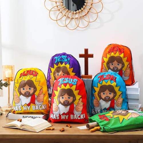 24 Pcs Religious Drawstring Bags Bulk Christian Gift Bags, Jesus Has My Back Vbs Backpacks for Sunday School, Bible Drawstring Backpack Graduation Church Camp Party Favors3