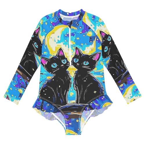 CaTaKu Girls One Piece Swimsuit Black Cat Starry Night Toddler Bathing Suit Long Sleeve UPF 50+ Rash Guard Swimwear 3-12Y