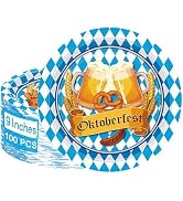 100 PCS Oktoberfest Party Supplies, 9" Disposable Round Blue and White Flag Check Pretzel Plates,...