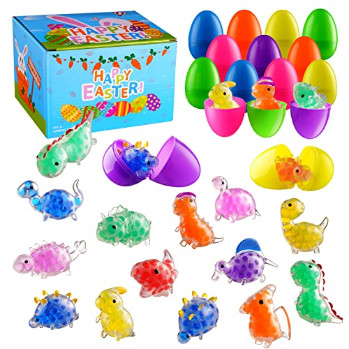 SCIONE Easter Basket Stuffers for Kids, 24 Pcs Easter Eggs Fillers with Squeeze Balls Fidget Toys, Prefilled Easter Egg for Boy Girl Classroom Exchange Gift, Easter Party Favors Dinosour Squishy Toy