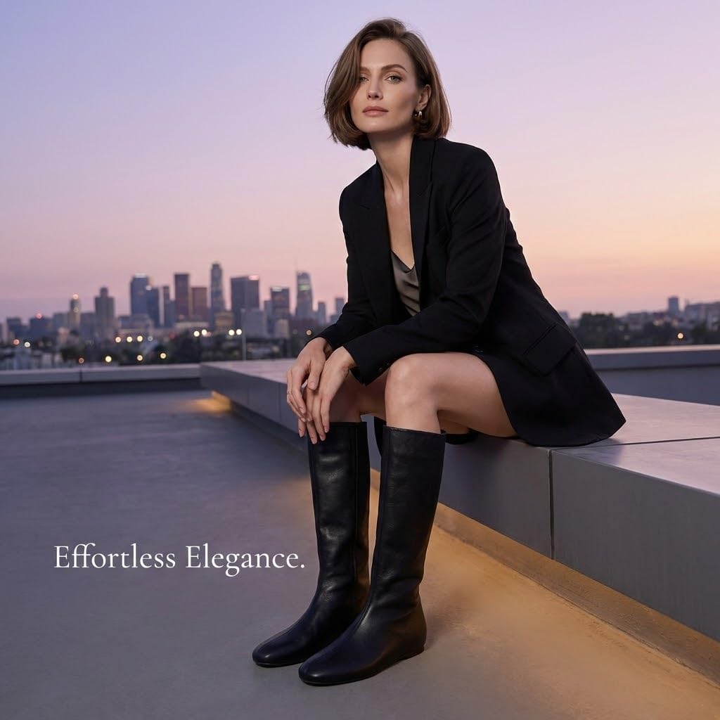 Women's Mid Calf Slouch Boots Low Heel Pull On Round Toe Soft Vegan Leather Knight Booties - Slimming Center Seam Design for Winter Fall