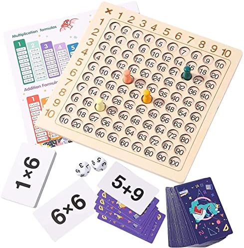 Upgraded Multiplication Addition Math Board Game for Kids - Wooden Montessori Math Toys for Girls Boys 4 5 6 7 8 9 Years Old, Wood Double Sided Board Table Dice Card Games for Family