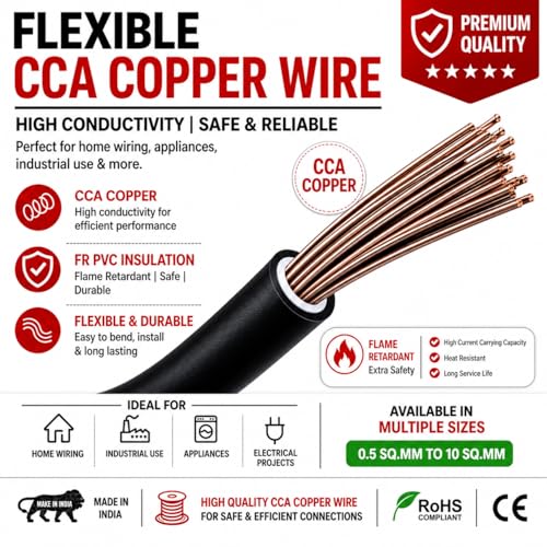 Image of CabONE 0.75 SQ.MM FR PVC Insulated Copper Electrical Wire, 90 Meter (Black, Pack of 2) | ISI Marked Fire Retardant Single Core Cable for Home Wiring