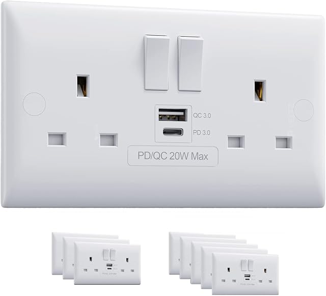 USB C & A Socket | Super Fast Charging | 20W PD & 18W QC | VELTZ Pro | Double Plug Wall Socket 13A 2 Gang | White